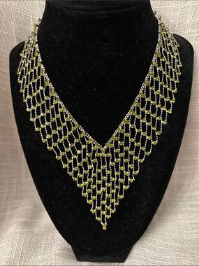 NWOT Delicate Beaded V-Neck Necklace in Lime Green and Silver